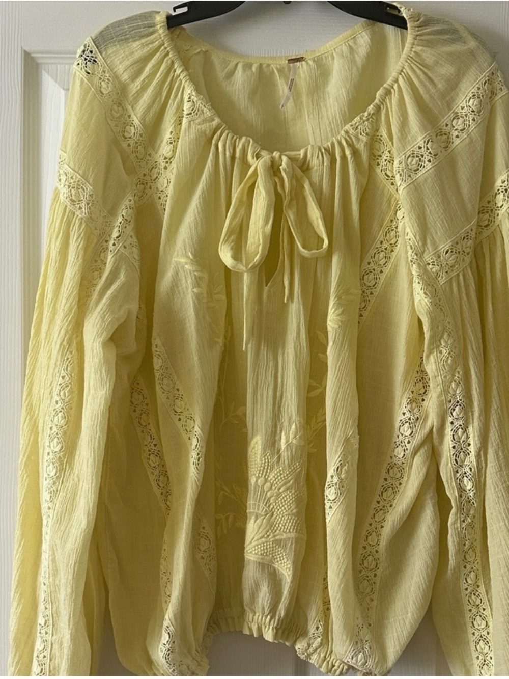 Free People Pale Yellow Gauzy Peasant lace paneled Top